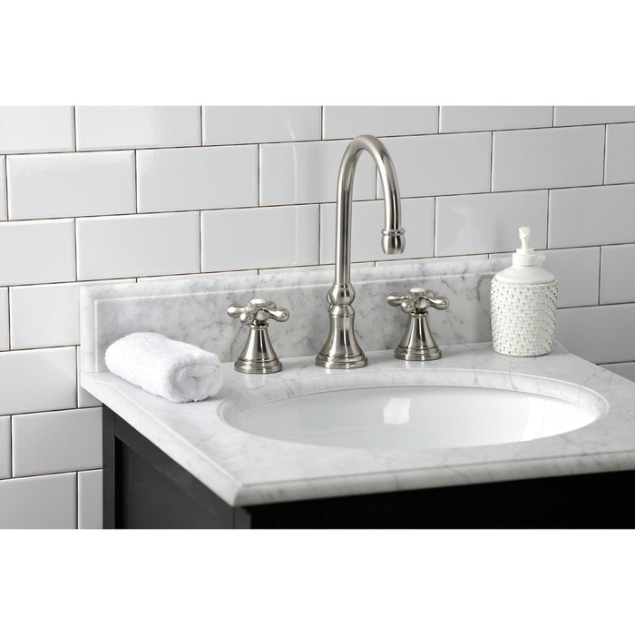 Kingston Tulare KS2988AX - Governor Two-Handle 3-Hole Deck Mount Widespread Bathroom Faucet with Brass Pop-Up, Brushed Nickel
