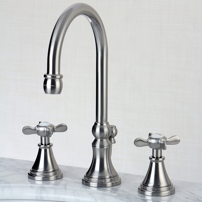 Kingston Tulare KS2988BEX - Essex Two-Handle 3-Hole Deck Mount Widespread Bathroom Faucet with Brass Pop-Up, Brushed Nickel