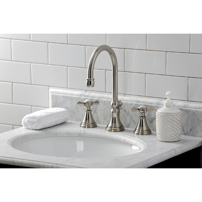 Kingston Tulare KS2988BEX - Essex Two-Handle 3-Hole Deck Mount Widespread Bathroom Faucet with Brass Pop-Up, Brushed Nickel