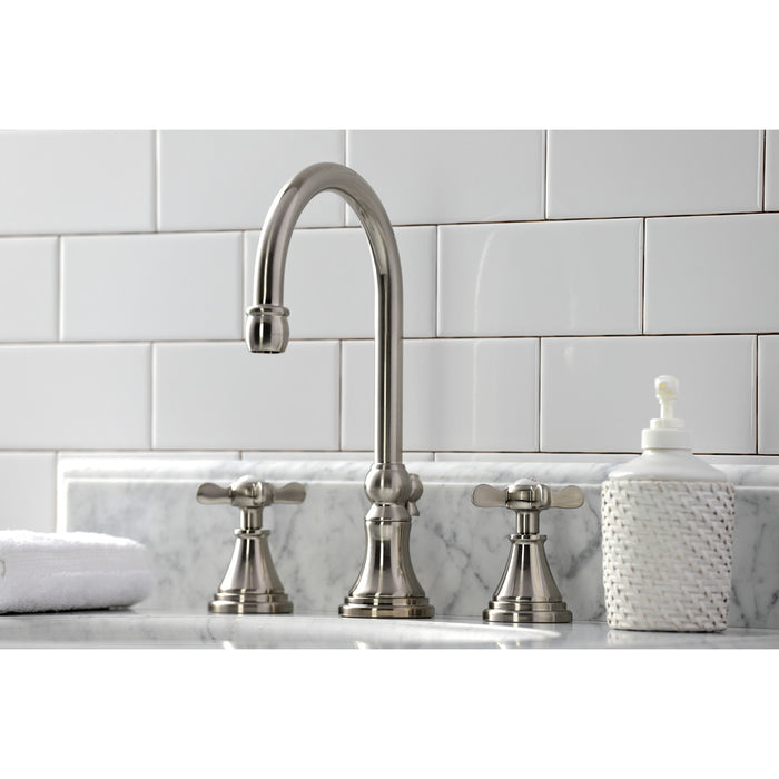 Kingston Tulare KS2988BEX - Essex Two-Handle 3-Hole Deck Mount Widespread Bathroom Faucet with Brass Pop-Up, Brushed Nickel