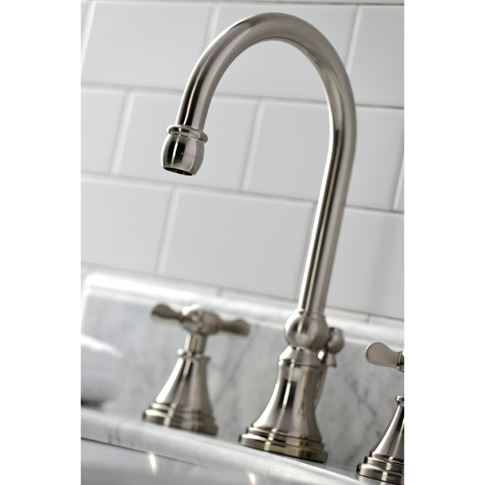 Kingston Tulare KS2988BEX - Essex Two-Handle 3-Hole Deck Mount Widespread Bathroom Faucet with Brass Pop-Up, Brushed Nickel