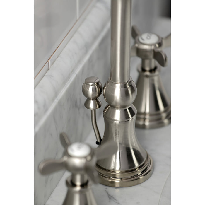 Kingston Tulare KS2988BEX - Essex Two-Handle 3-Hole Deck Mount Widespread Bathroom Faucet with Brass Pop-Up, Brushed Nickel