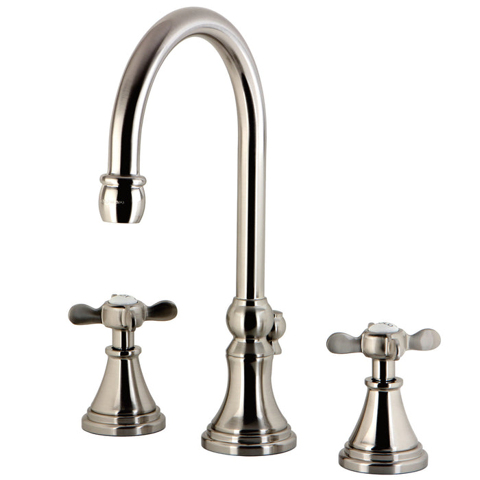 Kingston Tulare KS2988BEX - Essex Two-Handle 3-Hole Deck Mount Widespread Bathroom Faucet with Brass Pop-Up, Brushed Nickel
