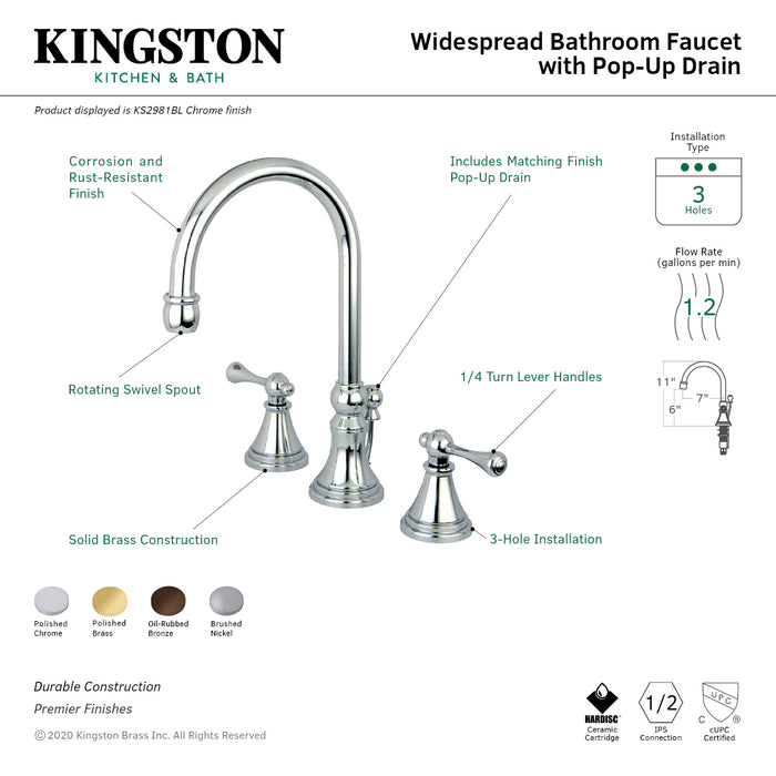 Kingston Tulare KS2988BL - Governor Two-Handle 3-Hole Deck Mount Widespread Bathroom Faucet with Brass Pop-Up, Brushed Nickel