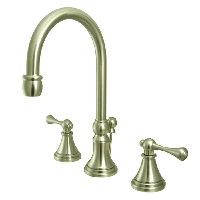 Kingston Tulare KS2988BL - Governor Two-Handle 3-Hole Deck Mount Widespread Bathroom Faucet with Brass Pop-Up, Brushed Nickel