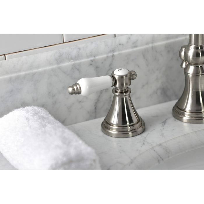 Kingston Tulare KS2988BPL - Bel-Air Two-Handle 3-Hole Deck Mount Widespread Bathroom Faucet with Brass Pop-Up, Brushed Nickel