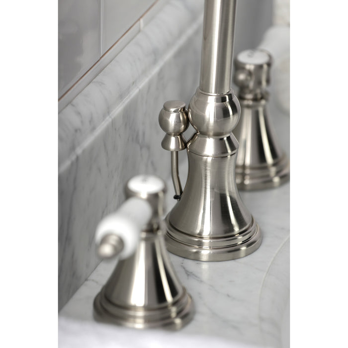 Kingston Tulare KS2988BPL - Bel-Air Two-Handle 3-Hole Deck Mount Widespread Bathroom Faucet with Brass Pop-Up, Brushed Nickel