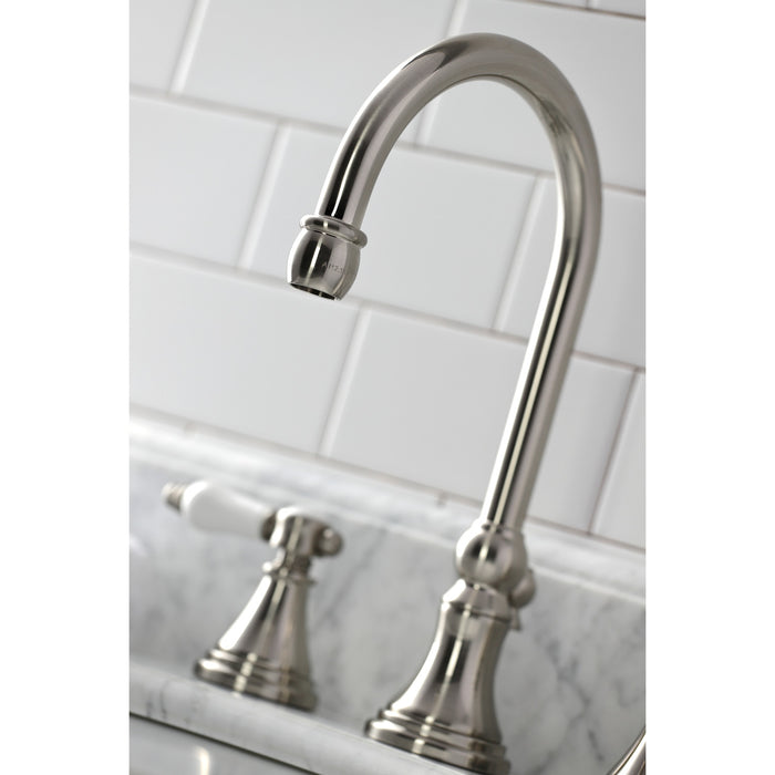 Kingston Tulare KS2988BPL - Bel-Air Two-Handle 3-Hole Deck Mount Widespread Bathroom Faucet with Brass Pop-Up, Brushed Nickel
