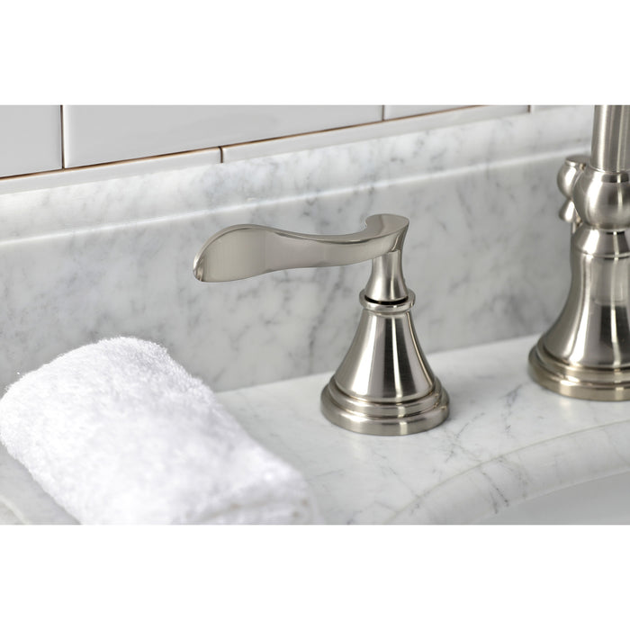 Kingston Tulare KS2988CFL - Century Two-Handle 3-Hole Deck Mount Widespread Bathroom Faucet with Brass Pop-Up, Brushed Nickel