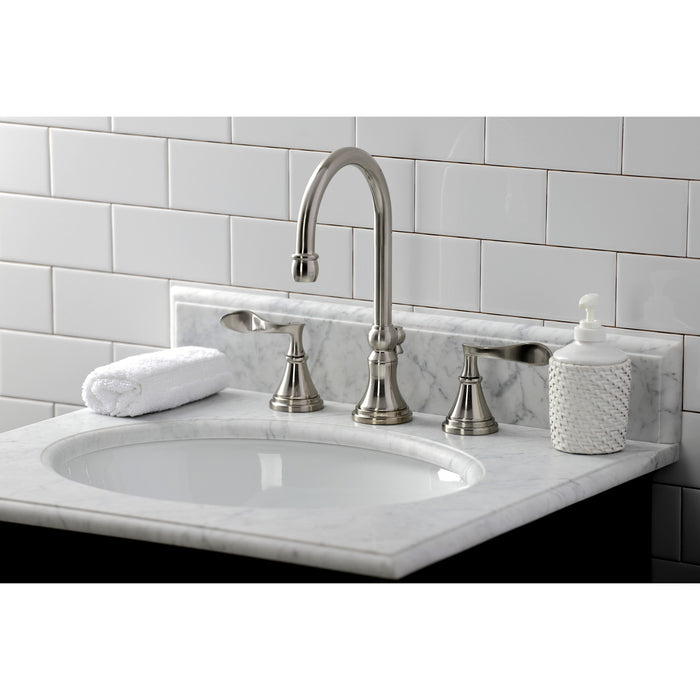 Kingston Tulare KS2988CFL - Century Two-Handle 3-Hole Deck Mount Widespread Bathroom Faucet with Brass Pop-Up, Brushed Nickel