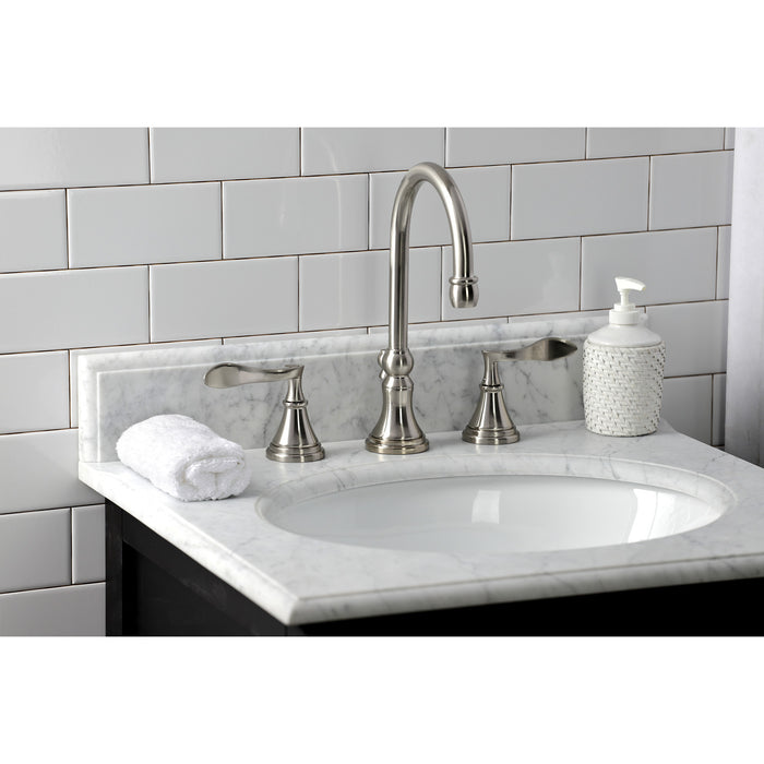 Kingston Tulare KS2988CFL - Century Two-Handle 3-Hole Deck Mount Widespread Bathroom Faucet with Brass Pop-Up, Brushed Nickel