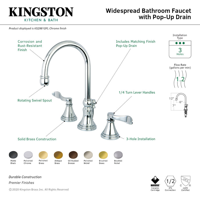 Kingston Tulare KS2988DFL - NuFrench Two-Handle 3-Hole Deck Mount Widespread Bathroom Faucet with Brass Pop-Up, Brushed Nickel