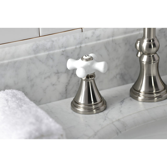 Kingston Tulare KS2988PX - Governor Two-Handle 3-Hole Deck Mount Widespread Bathroom Faucet with Brass Pop-Up, Brushed Nickel