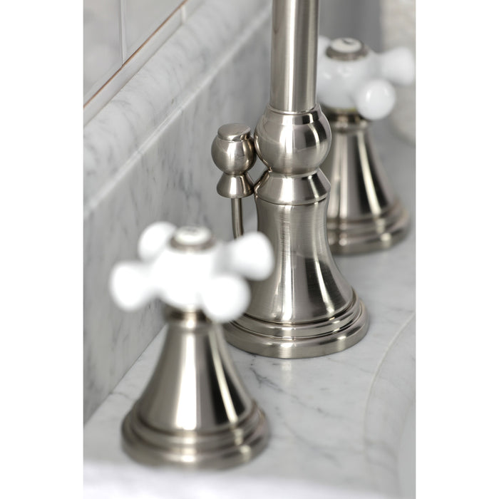 Kingston Tulare KS2988PX - Governor Two-Handle 3-Hole Deck Mount Widespread Bathroom Faucet with Brass Pop-Up, Brushed Nickel