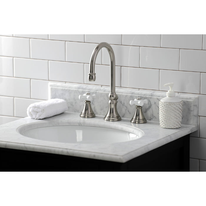 Kingston Tulare KS2988PX - Governor Two-Handle 3-Hole Deck Mount Widespread Bathroom Faucet with Brass Pop-Up, Brushed Nickel
