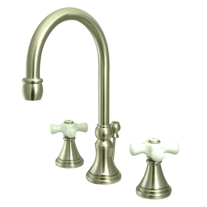 Kingston Tulare KS2988PX - Governor Two-Handle 3-Hole Deck Mount Widespread Bathroom Faucet with Brass Pop-Up, Brushed Nickel