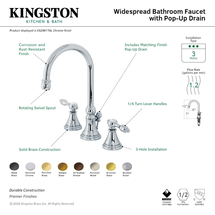 Kingston Tulare KS2988TAL - Tudor Two-Handle 3-Hole Deck Mount Widespread Bathroom Faucet with Brass Pop-Up, Brushed Nickel