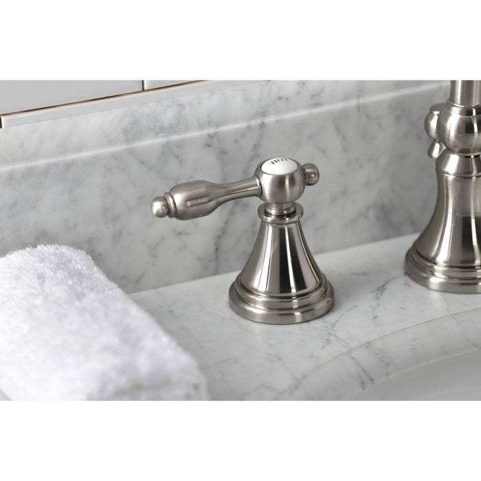 Kingston Tulare KS2988TAL - Tudor Two-Handle 3-Hole Deck Mount Widespread Bathroom Faucet with Brass Pop-Up, Brushed Nickel