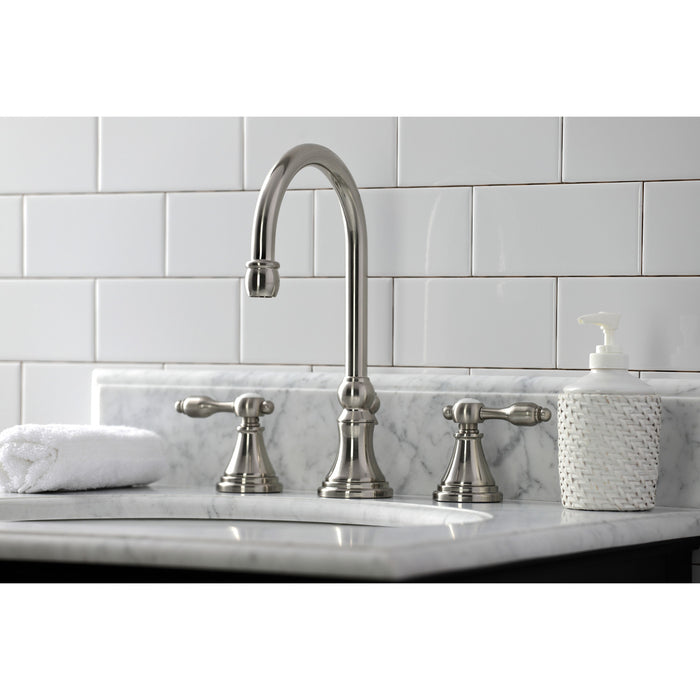 Kingston Tulare KS2988TAL - Tudor Two-Handle 3-Hole Deck Mount Widespread Bathroom Faucet with Brass Pop-Up, Brushed Nickel