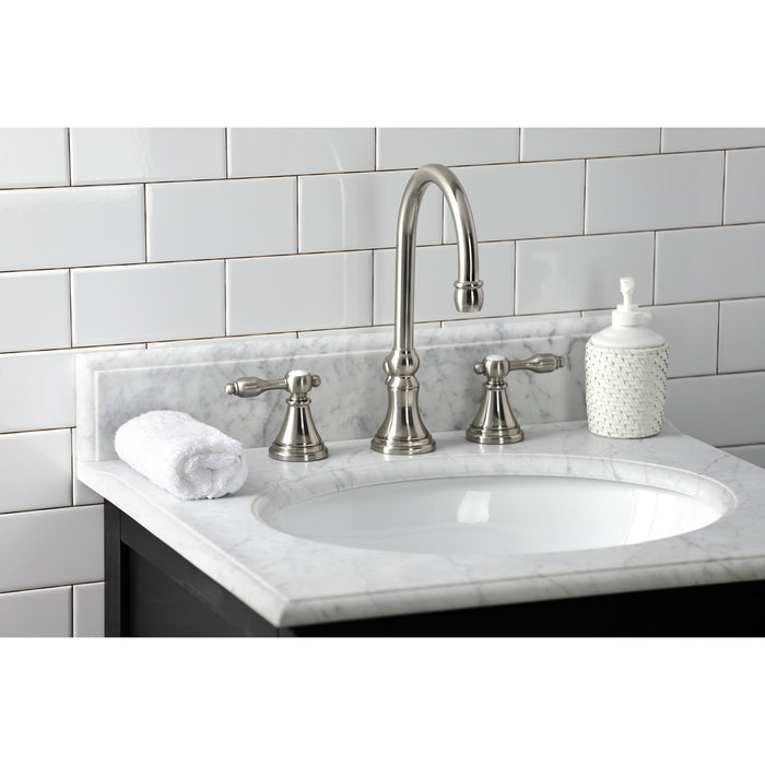 Kingston Tulare KS2988TAL - Tudor Two-Handle 3-Hole Deck Mount Widespread Bathroom Faucet with Brass Pop-Up, Brushed Nickel