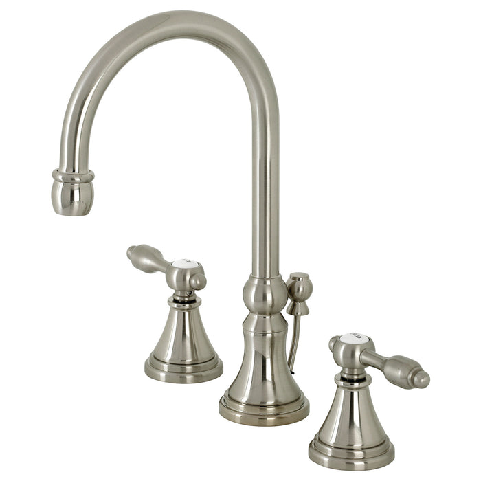 Kingston Tulare KS2988TAL - Tudor Two-Handle 3-Hole Deck Mount Widespread Bathroom Faucet with Brass Pop-Up, Brushed Nickel