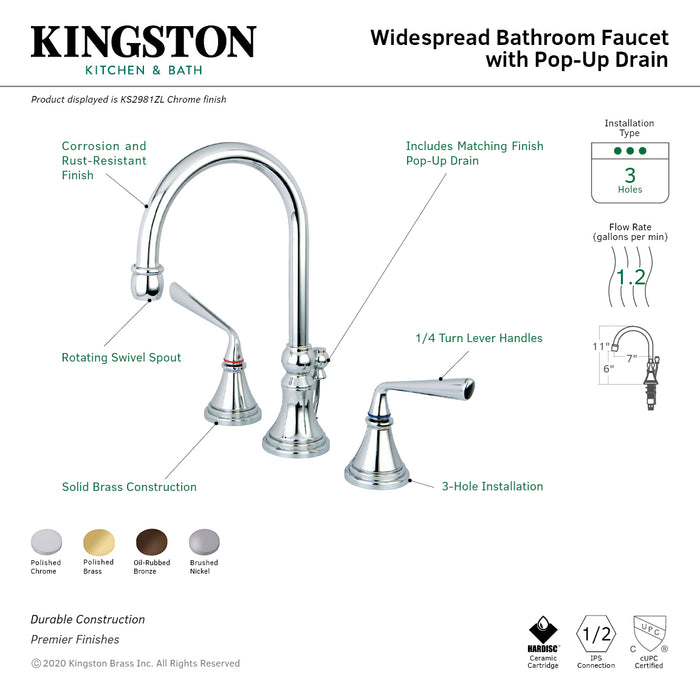 Kingston Tulare KS2988ZL - Silver Sage Two-Handle 3-Hole Deck Mount Widespread Bathroom Faucet with Brass Pop-Up, Brushed Nickel