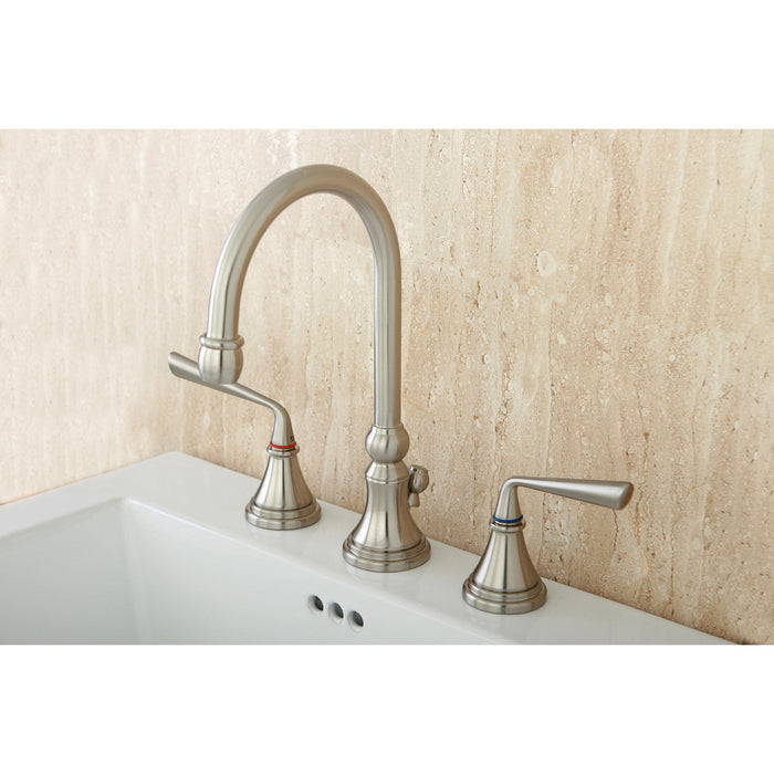 Kingston Tulare KS2988ZL - Silver Sage Two-Handle 3-Hole Deck Mount Widespread Bathroom Faucet with Brass Pop-Up, Brushed Nickel