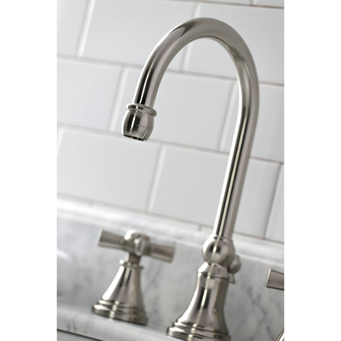 Kingston Tulare KS2988ZX - Millennium Two-Handle 3-Hole Deck Mount Widespread Bathroom Faucet with Brass Pop-Up, Brushed Nickel