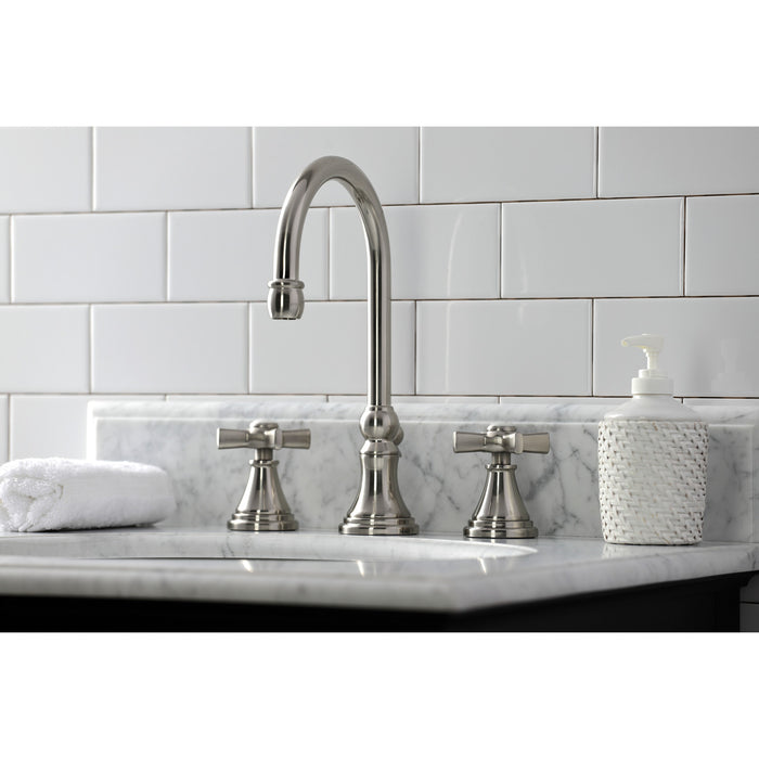 Kingston Tulare KS2988ZX - Millennium Two-Handle 3-Hole Deck Mount Widespread Bathroom Faucet with Brass Pop-Up, Brushed Nickel