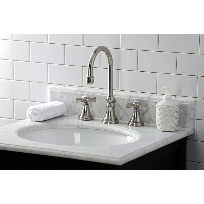 Kingston Tulare KS2988ZX - Millennium Two-Handle 3-Hole Deck Mount Widespread Bathroom Faucet with Brass Pop-Up, Brushed Nickel