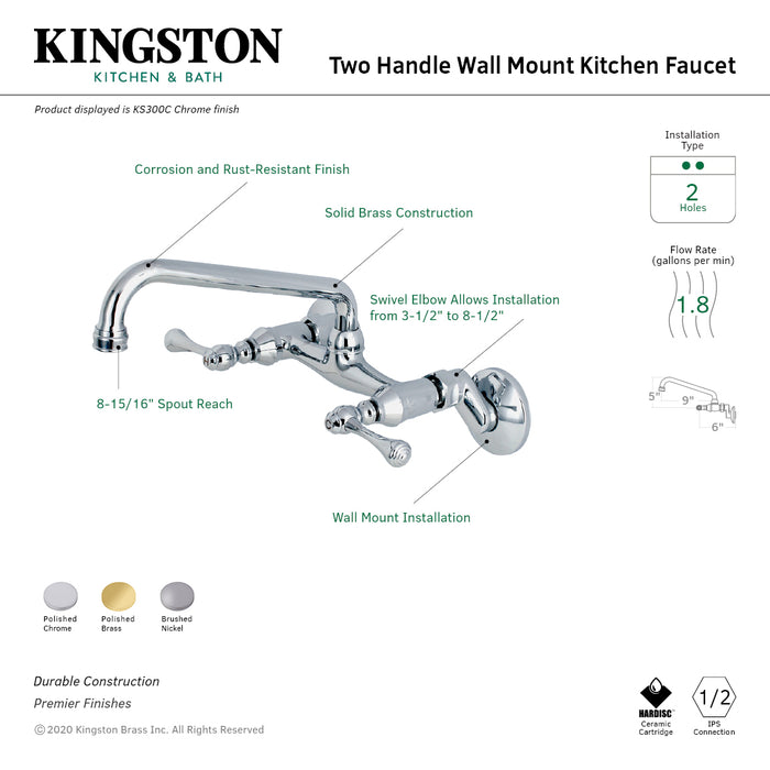 Kingston Tulare KS300SN - Kingston Two-Handle 2-Hole Wall Mount Bridge Kitchen Faucet, Brushed Nickel