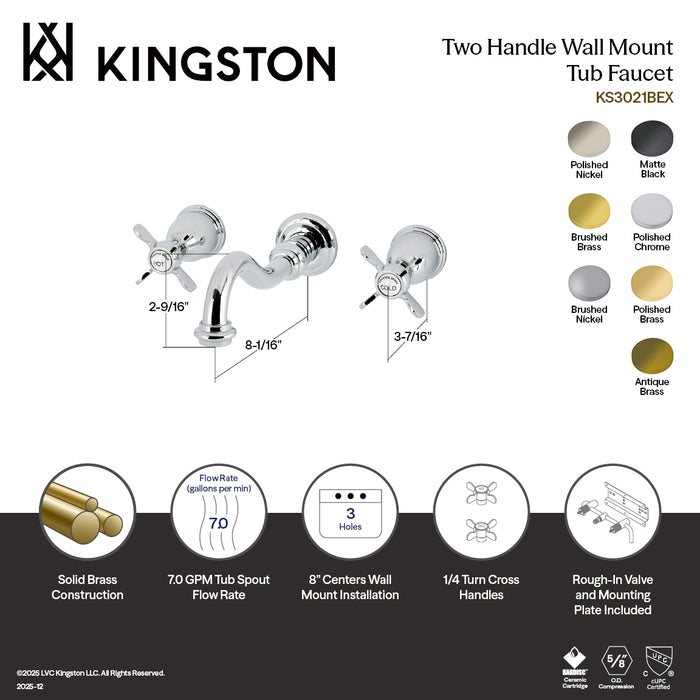 Kingston Heirloom KS3020BEX - Essex Two-Handle 3-Hole Wall Mount Roman Tub Faucet, Matte Black