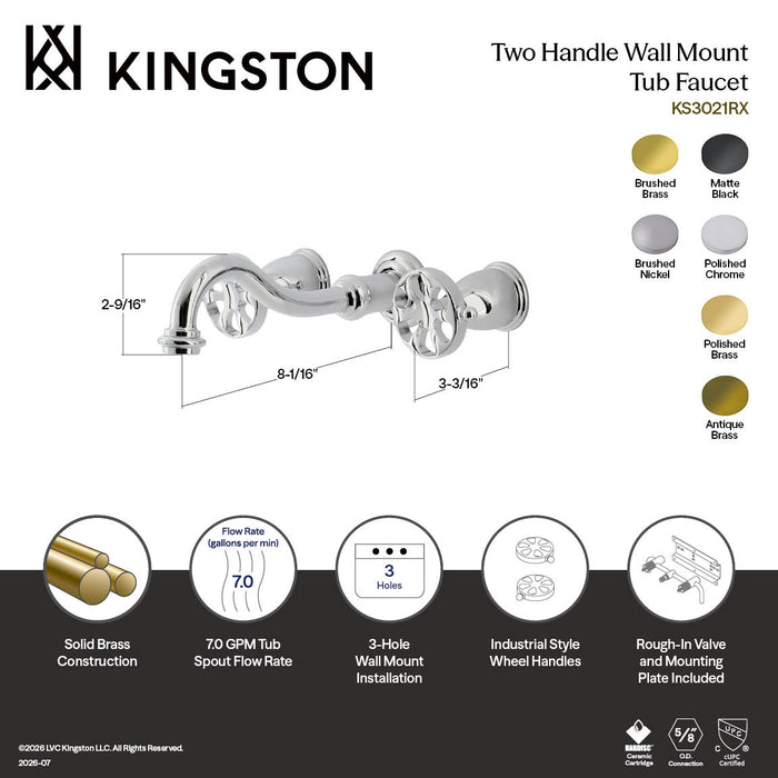 Kingston Tulare KS3020RX - Belknap Two-Handle 3-Hole Wall Mount Tub Faucet, Matte Black