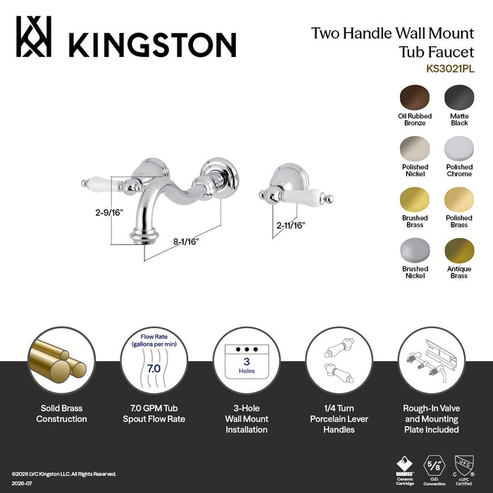 Kingston Heirloom KS3023PL - Restoration Two-Handle 3-Hole Wall Mount Tub Faucet, Antique Brass