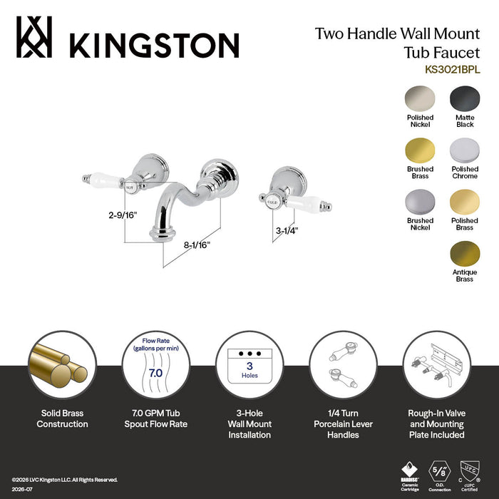 Kingston Heirloom KS3026BPL - Bel-Air Two-Handle 3-Hole Wall Mount Tub Faucet, Polished Nickel