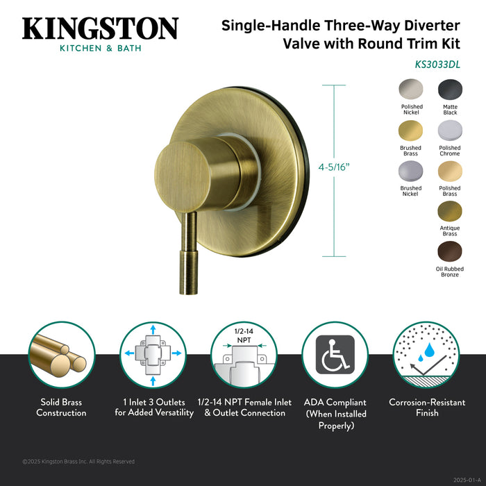 Kingston Sona KS3030DL - Concord Single-Handle Three-Way Diverter Valve with Round Trim Kit, Matte Black