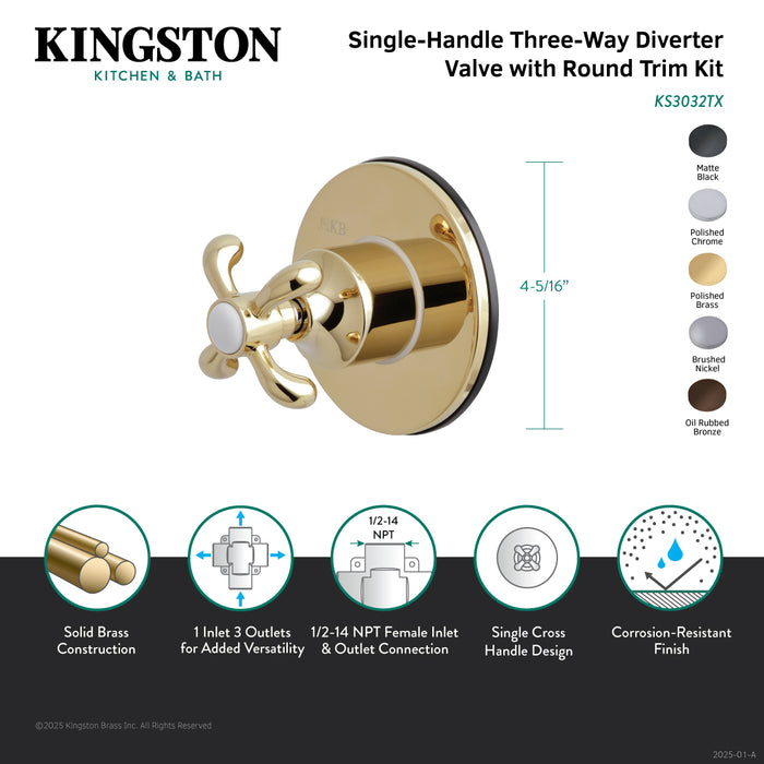 Kingston Heirloom KS3030TX - French Country Single-Handle Three-Way Diverter Valve with Round Trim Kit, Matte Black