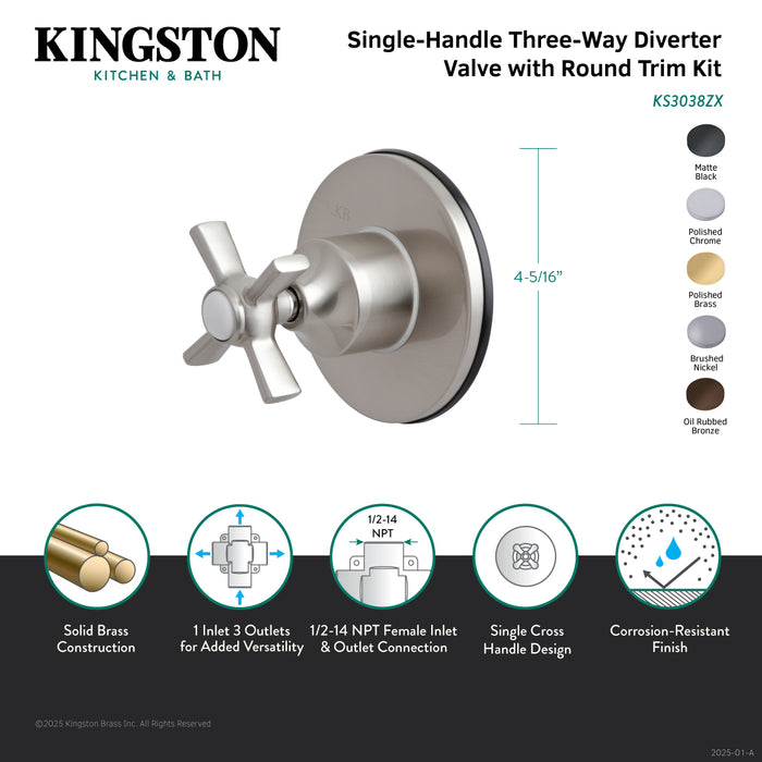 Kingston Tulare KS3030ZX - Millennium Single-Handle Three-Way Diverter Valve with Round Trim Kit, Matte Black