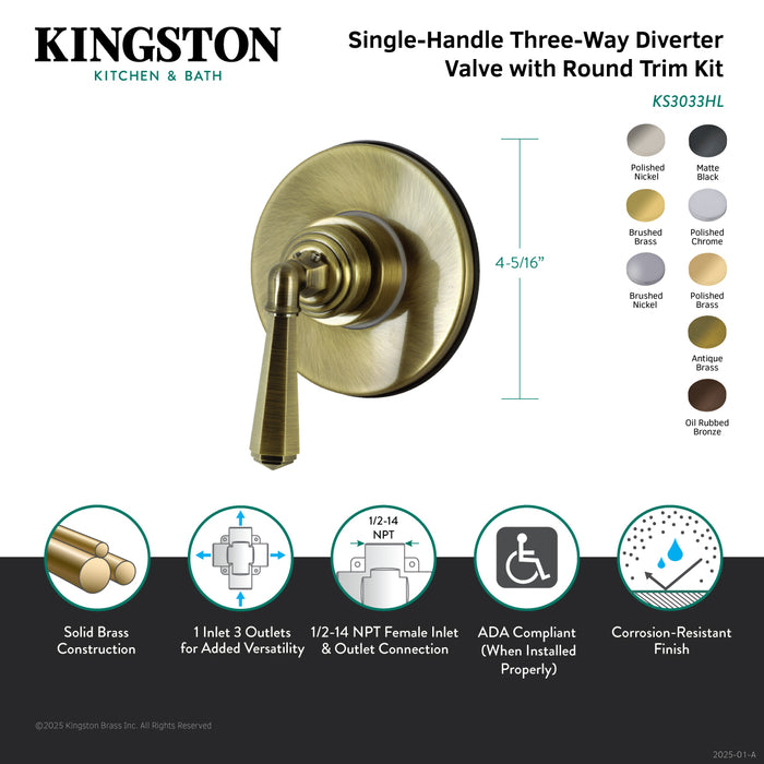Kingston Tulare KS3031HL - Metropolitan Single-Handle Three-Way Diverter Valve with Round Trim Kit, Polished Chrome
