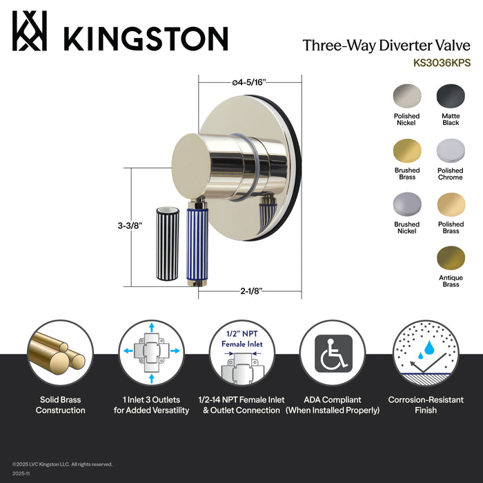 Kingston Sona KS3031KPS - Verona Single-Handle Three-Way Diverter Valve with Round Trim Kit, Polished Chrome