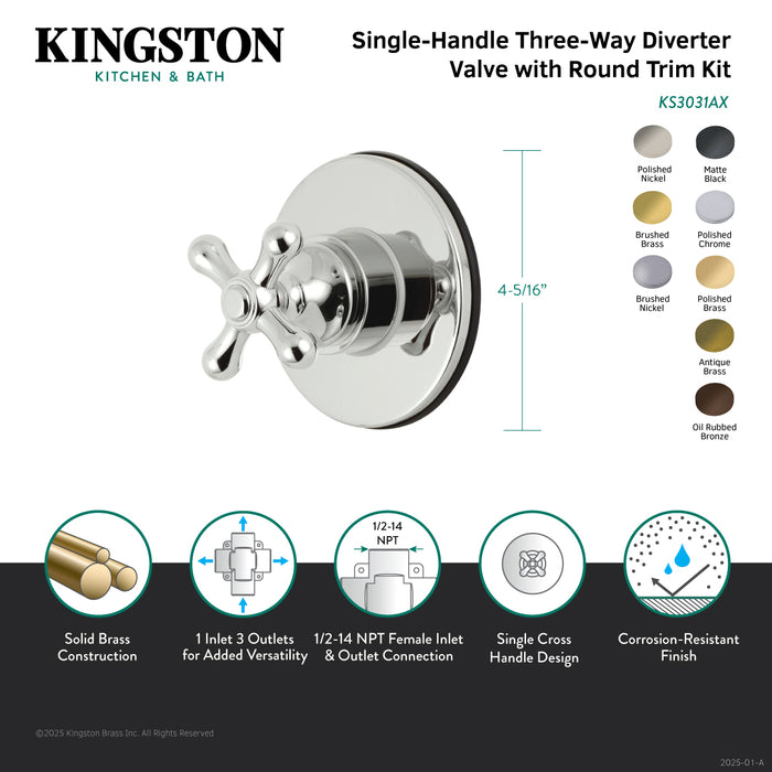 KS3032AX Single-Handle Three-Way Diverter Valve with Round Trim Kit, Polished Brass