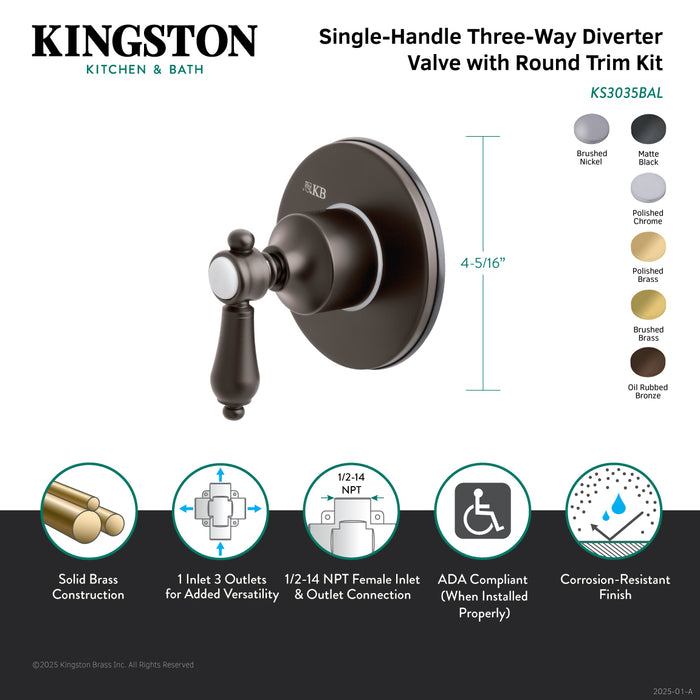Kingston Heirloom KS3032BAL - Heirloom Single-Handle Three-Way Diverter Valve with Round Trim Kit, Polished Brass