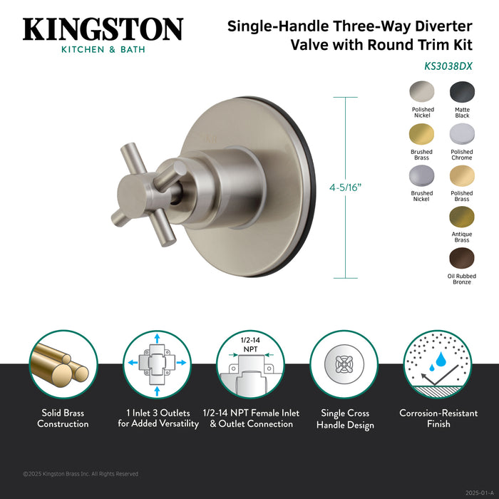 Kingston Sona KS3032DX - Concord Single-Handle Three-Way Diverter Valve with Round Trim Kit, Polished Brass