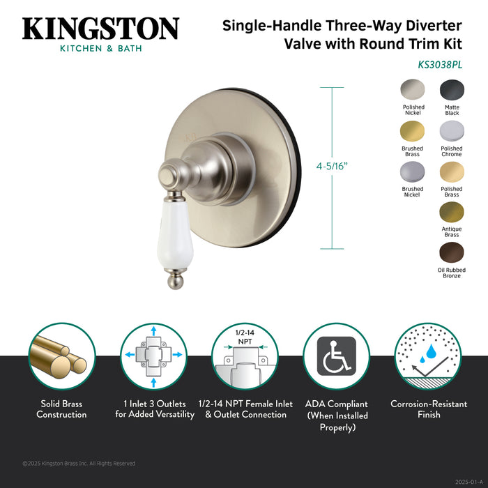 Kingston Heirloom KS3032PL - Restoration Single-Handle Three-Way Diverter Valve with Round Trim Kit, Polished Brass