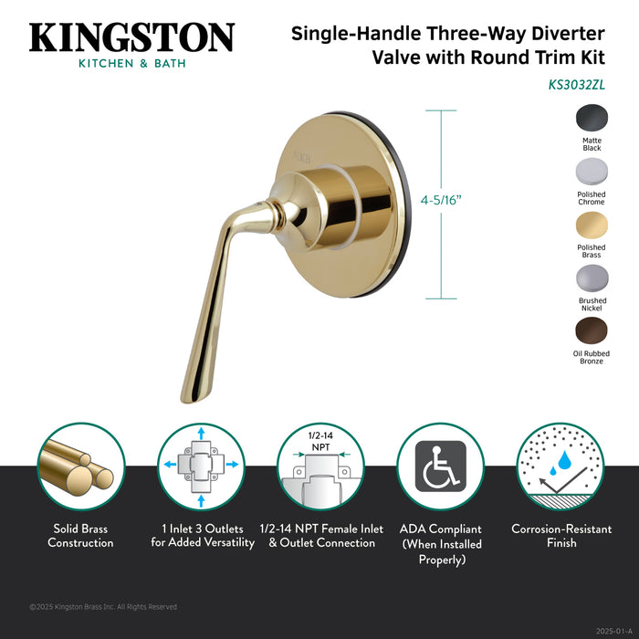 Kingston Tulare KS3032ZL - Silver Sage Single-Handle Three-Way Diverter Valve with Round Trim Kit, Polished Brass