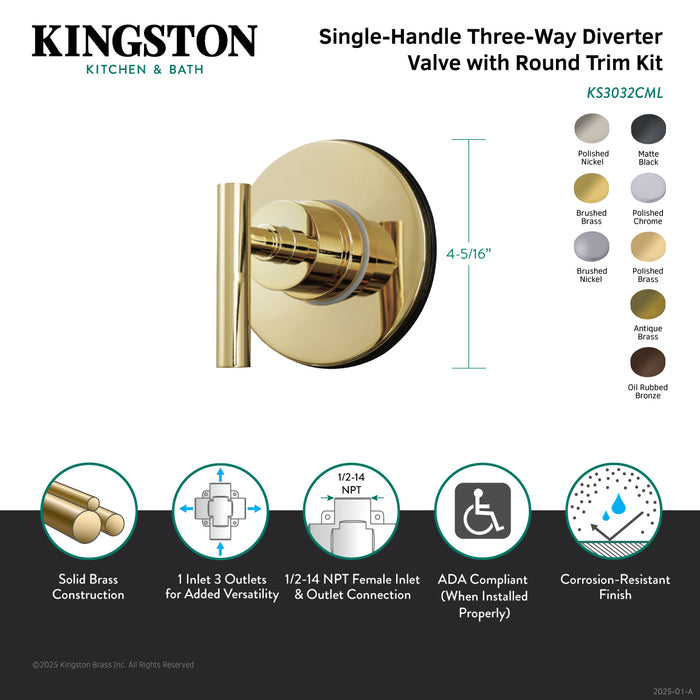 Kingston Sona KS3036CML - Manhattan Single-Handle Three-Way Diverter Valve with Round Trim Kit, Polished Nickel