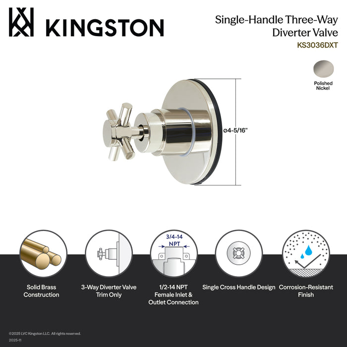 Kingston Sona KS3036DXT - Concord Single-Handle Three-Way Diverter Valve, Round Trim Only, Polished Nickel