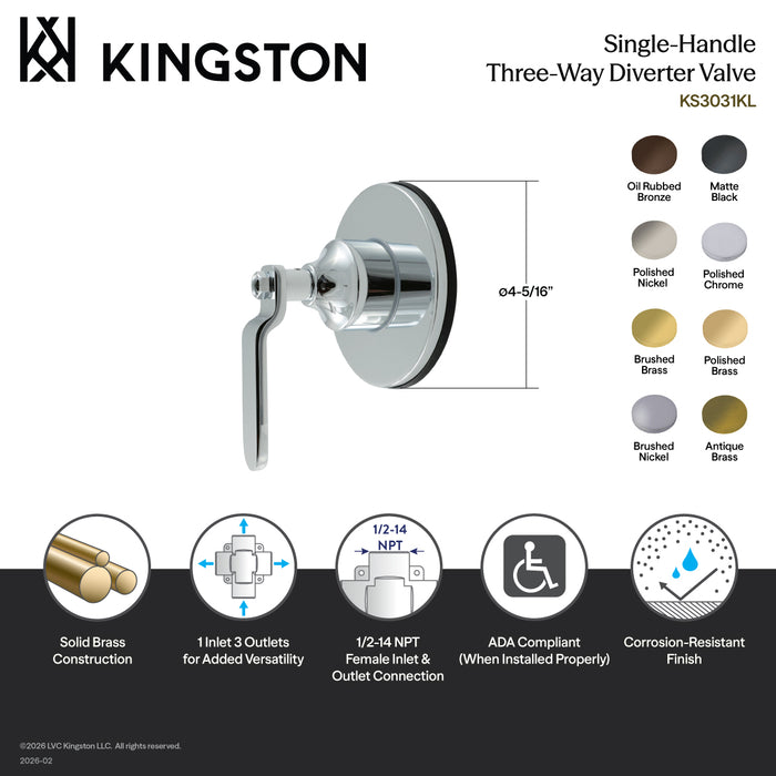 Kingston Sona KS3036KL - Whitaker Single-Handle Three-Way Diverter Valve with Round Trim Kit, Polished Nickel