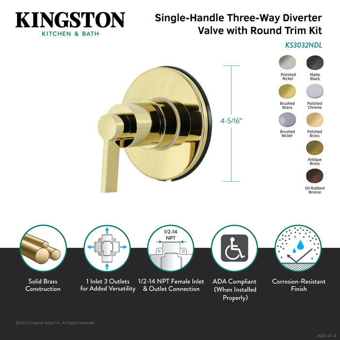 Kingston Sona KS3036NDL - NuvoFusion Single-Handle Three-Way Diverter Valve with Round Trim Kit, Polished Nickel