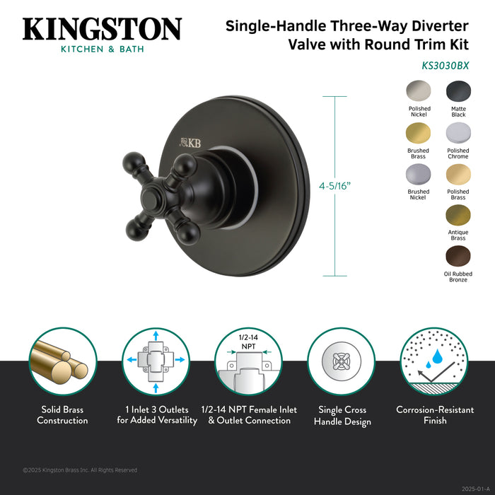 Kingston Heirloom KS3037BX - Metropolitan Single-Handle Three-Way Diverter Valve with Round Trim Kit, Brushed Brass